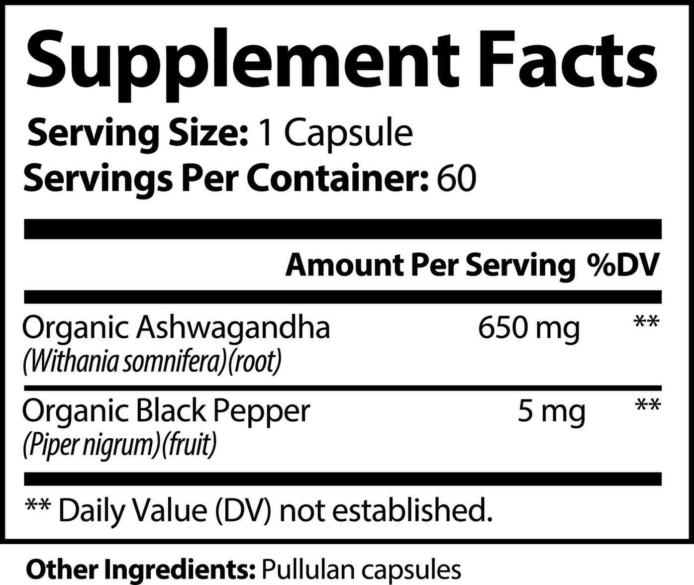 Body Calm Ashwagandha Supplement Facts